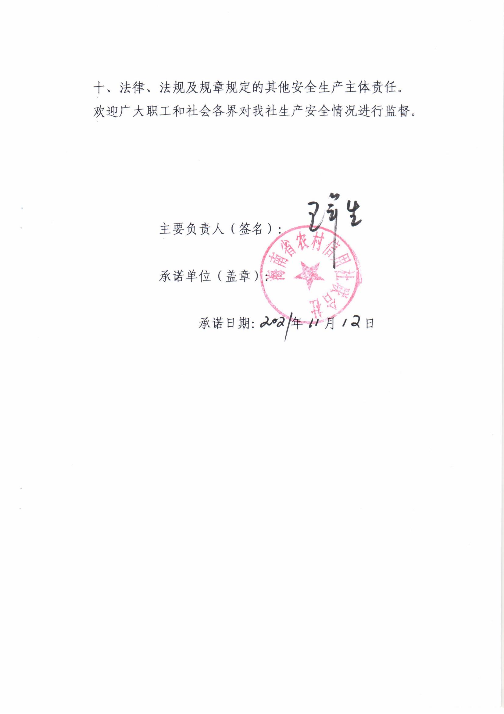 海南省农村信用社联合社安全生产承诺书