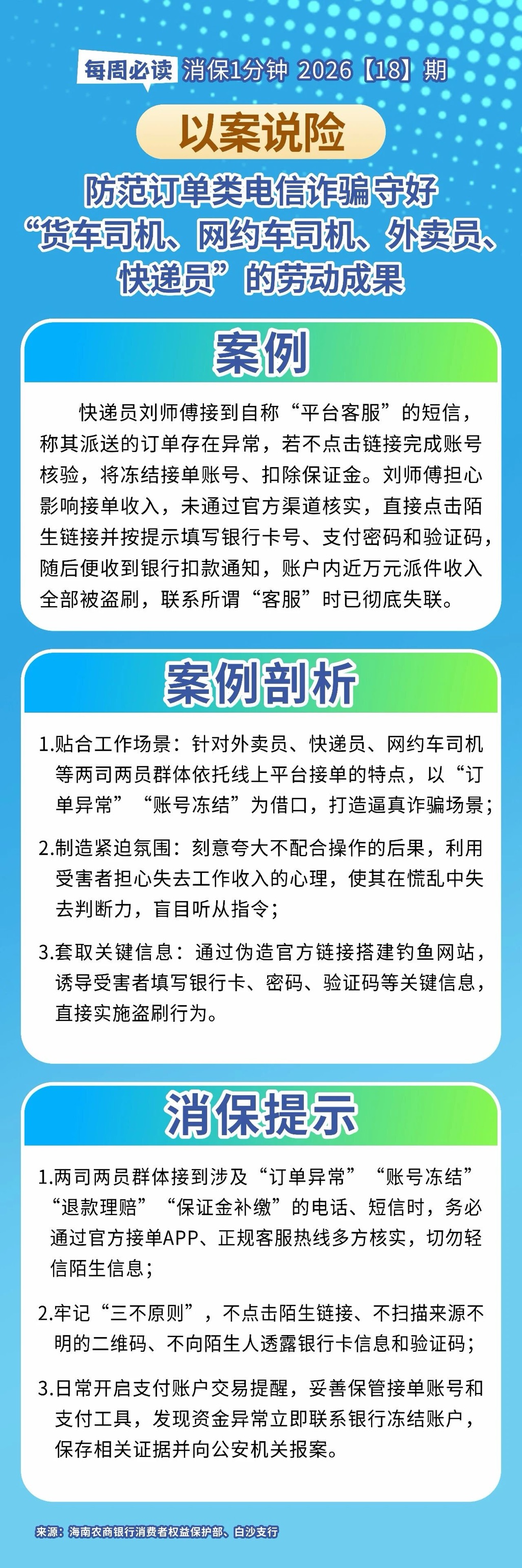 [HAI消保] 2026[18]期  以案说险：防范订单类电信诈骗 守好“货车司机、网约车司机、外卖员、快递员”劳动成果