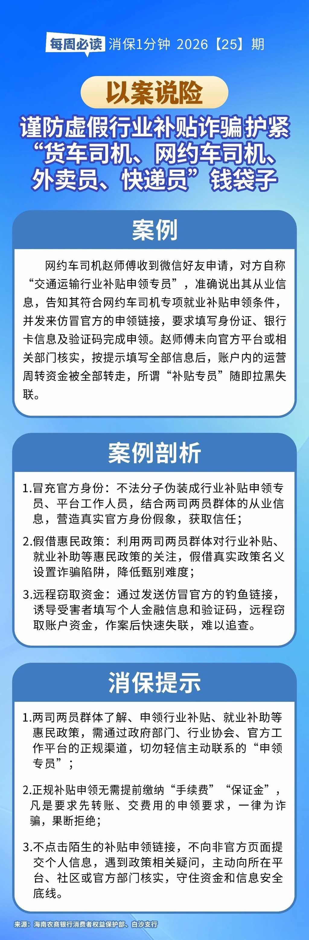 [HAI消保] 2026[25]期  以案说险 谨防虚假行业补贴诈骗 护紧“货车司机、网约车司机、外卖员、快递员”钱袋子